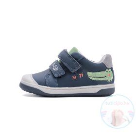 Ponte20 kék színű szupinált fiú bőrcipő tépőzárral, zöld krokodilos díszítéssel