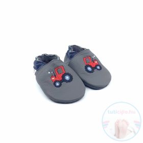 Asso F-T-001-11-1-S szürke fiú puhatalpú bőrcipő traktor mintával, babáknak