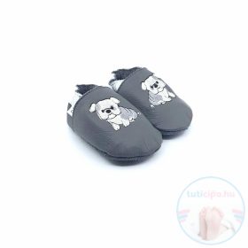 Asso fiú puhatalpú bőr kiscipő kutyás mintával, szürke színben – F-T-001-13
