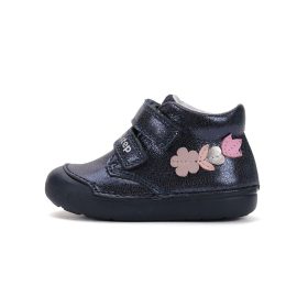 D.D.Step első lépés lány cipő S066-52737A-20, csillogós kék bőr, virágmintával – 20-as méret